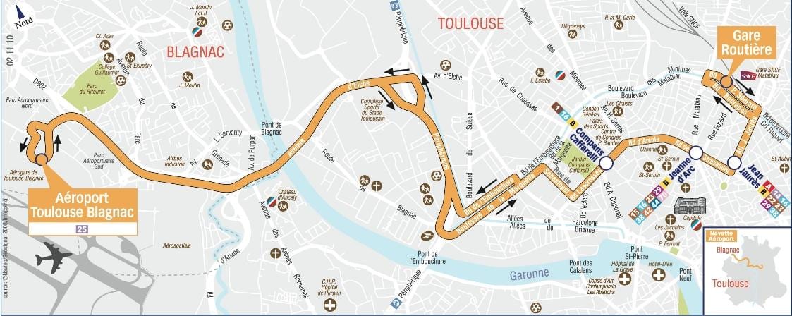 karta över Toulouse airport shuttle rutt